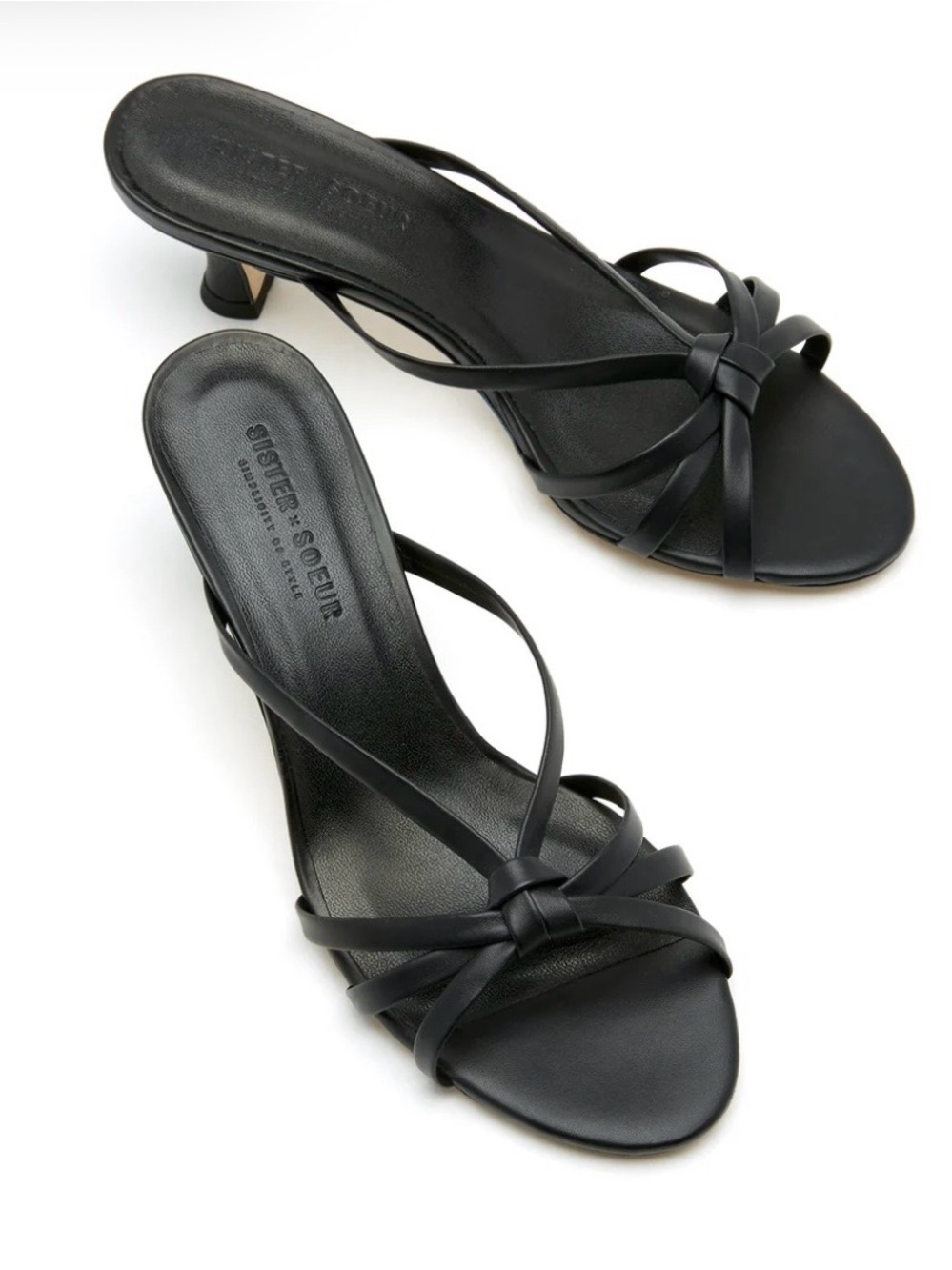 Black Strappy Low-Heel Slide Sandals. Eden by Sister Souer